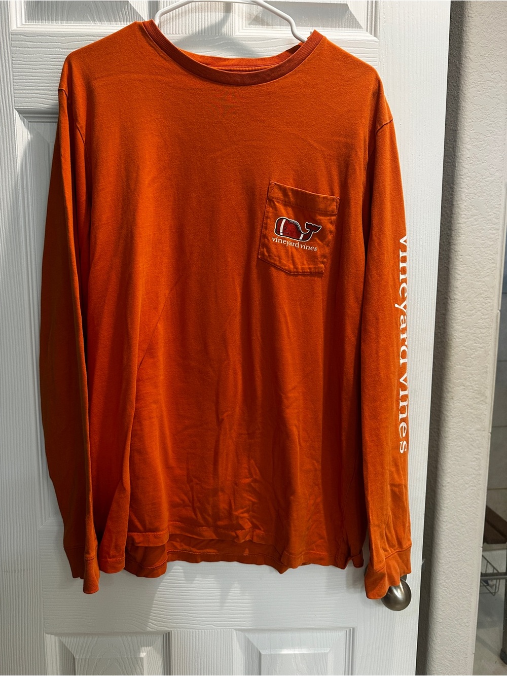 Vineyard Vines Orange Long-Sleeve Pocket Tee with Sleeve Logo
